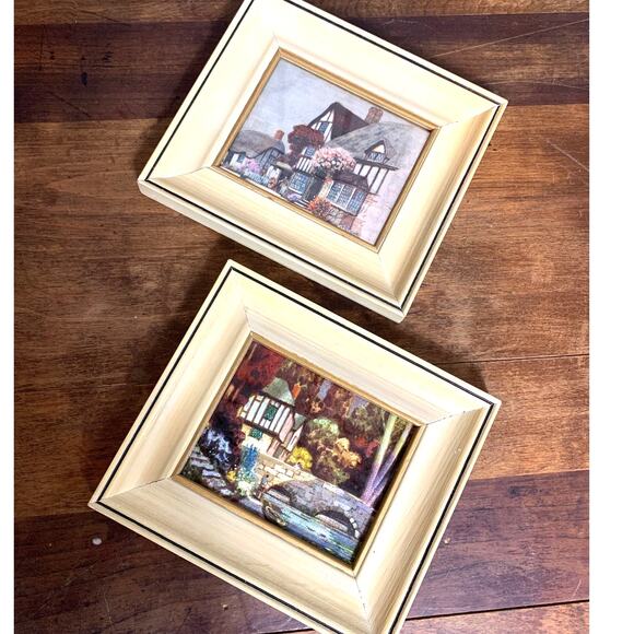 Pair of Vintage Foil Art Framed Prints English Home & Bridge The Avon Gift Shop - Picture 1 of 16